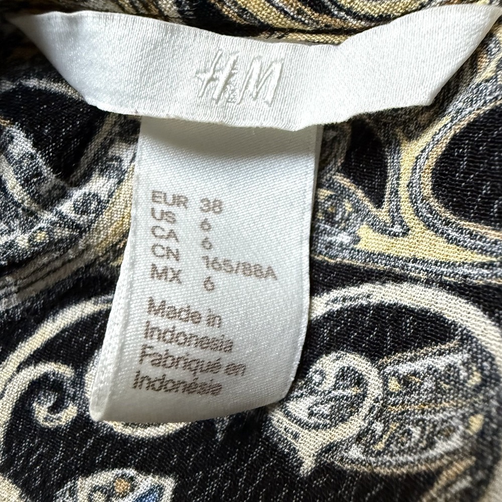 H&M Regency Goth Floral Paisley Top 6 Black Gold Crepe Blouse Peasant Dressy - Picture 7 of 10
